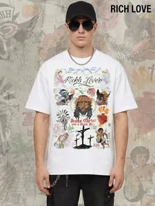 Men's American retro white T-shirt with hand-painted graffiti prints and oversized fit.