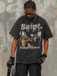 Vintage washed charcoal t-shirt with Saint mural print 300g heavyweight streetwear