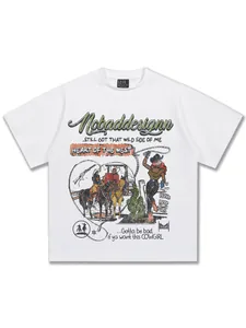 T-shirt blanc en coton épais avec illustration de cow-girl vintage et imprimé vieilli