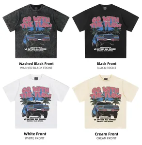 T-shirts en coton épais en quatre couleurs avec une illustration de voiture américaine rétro