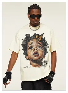 Model wearing American vintage heavy cotton T-shirt with oil painting portrait print