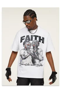 Detailed macro view of the American vintage faith graphic printed on a white cotton T-shirt