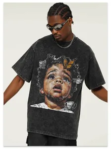 Detail of vintage washed cotton T-shirt with expressive oil painting child portrait print.
