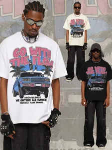 T-shirt en Coton Lourd pour Homme Illustration de Voiture Rétro Américain Délavé Vieilli Oversize Manches Courtes Streetwear Top