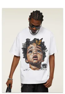 Heavyweight cotton T-shirt with vintage oil painting portrait and butterfly print