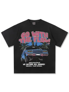 T-shirt en coton épais noir avec graphique de voiture vintage et texte Go With The Flow