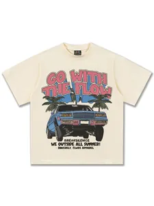 T-shirt épais beige pour homme avec illustration de voiture américaine vintage