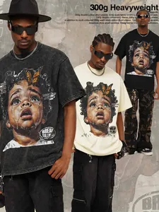 Amerikanisches Vintage Schweres Baumwoll T-Shirt Retro Ölgemälde Porträt Druck Kurzarm Gewaschen Lockeres Streetwear Top