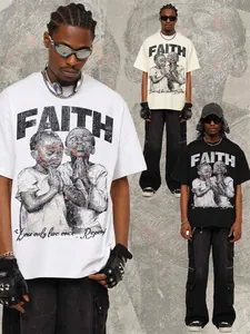 Men's Vintage Washed Distressed Cotton T-Shirt Faith Graphic Print Loose Fit Short Sleeve Top Streetwear Casual Apparel