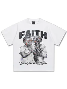 Vintage American style white cotton T-shirt with faith prayer graphic print for men.