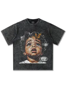 Vintage gewaschenes schwarzes Heavy Cotton T-Shirt mit emotionalem Ölgemälde-Porträt