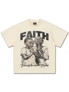 Vintage cream cotton T-shirt with Faith and praying children print, loose fit style.