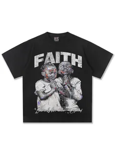 Distressed American retro cotton T-shirt with white Faith and praying print