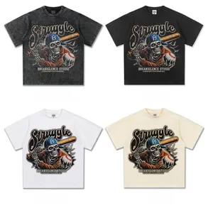 American high street loose cotton T-shirt with vintage baseball skull print in 4 colors.