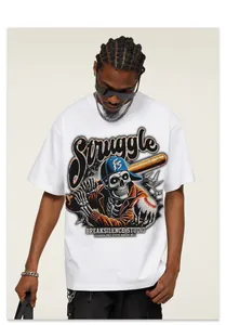 Close-up of men's white t-shirt featuring a street-style skeleton baseball print