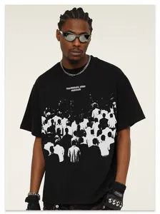 Detail of black heavy cotton T-shirt with abstract crowd print and white text design