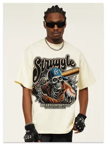 Detail of cream cotton oversized T-shirt featuring a stylized baseball skeleton print