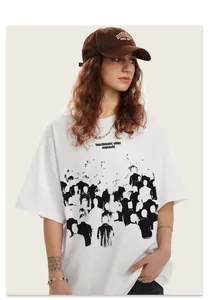 Close-up of white heavyweight cotton T-shirt featuring an abstract human shadow print design