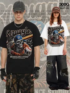 Men American Vintage High Street Oversized Crew Neck Cotton T-Shirt Heavyweight Baseball Skeleton Graphic Print Short Sleeve Top
