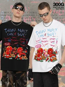 Amerikanisches Retro Schwergewicht Baumwolle T-Shirt Graffiti Kleiner Teufel Illustration Bedruckt Kurzarm Locker Streetwear Top Für Damen Herren