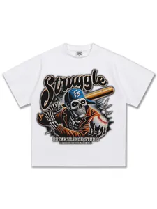 Oversized white cotton T-shirt featuring a vintage American high street skull baseball print