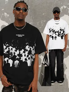 Men's American Street Heavyweight Cotton T-Shirt Abstract Graphic Print Loose Short Sleeve Top Unisex Oversized Streetwear Tee