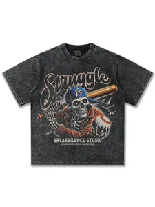 Vintage oversized acid wash T-shirt featuring a detailed skeleton baseball graphic print