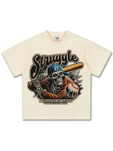 Beige American high street cotton t-shirt with baseball skeleton graphic print style