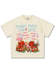 Hochwertiges cremefarbenes Baumwoll-T-Shirt mit rotem Teufels-Graffiti und Logo