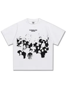 Heavyweight white cotton t-shirt with abstract crowd silhouette print and graphic text.