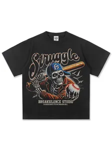 American high street loose crewneck T-shirt with skull baseball graphic print