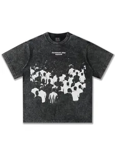 Vintage washed heavyweight cotton T-shirt with abstract crowd graphic print in black