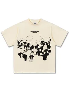 Heavyweight cream cotton T-shirt with black silhouette crowd print for street style
