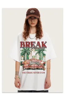 Detail view of American street style t-shirt with leopard and palm illustration print