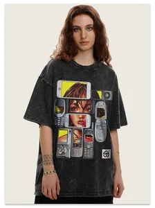 Oversized Y2K Vintage-T-Shirt in Grau gewaschen mit retro-technologischem Grafikdruck