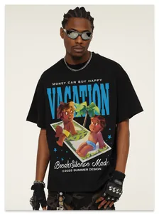 Dettaglio maglietta nera da uomo in cotone con stampa grafica Vacation vintage americana
