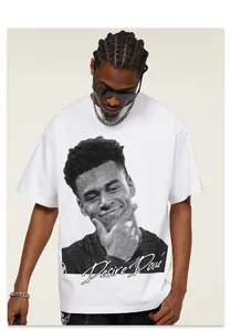 Classic white cotton T-shirt with a high-quality graphic print of footballer Désiré Doué.