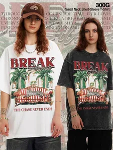 Men Heavyweight Cotton T-Shirt American Vintage Street Washed Cheetah Graphic Top Distressed Oversized Short Sleeve Tee
