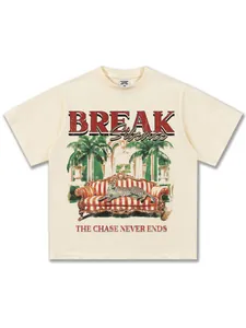 Oversized cream cotton street style T-shirt with vintage cheetah and palm tree illustration