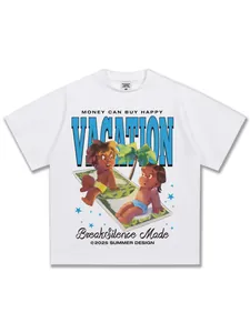 Maglietta in cotone oversize bianca premium con stampa illustrazione 'Vacation'