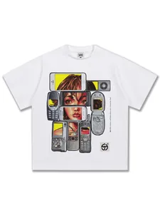 Weißes schweres Baumwoll-T-Shirt mit Vintage-Y2K-Mobiltelefon-Anime-Grafikdruck