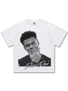 White oversized t-shirt with Désiré Doué graphic print for men, breathable cotton style