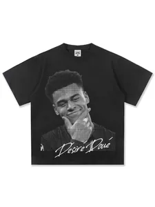 Oversized black crewneck streetwear T-shirt featuring a Désiré Doué portrait graphic print