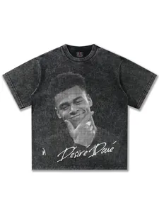 Men's washed black graphic t-shirt featuring halftone portrait print of Desire Doue