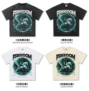 Detailed view of heavyweight cotton T-shirts with Pegasus graphic print in four color variants.