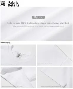 Close-up views of 300g combed cotton fabric and reinforced stitching details on white T-shirt