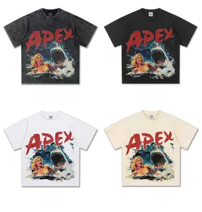 Close-up of four color options for the vintage American shark print heavy cotton t-shirt.