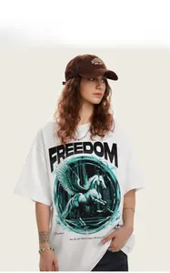 Fashion model wearing a white heavy cotton T-shirt featuring a vintage Pegasus FREEDOM print