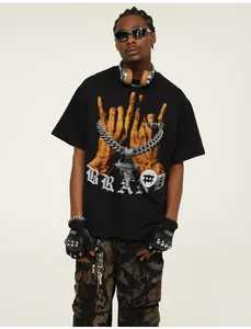 Mens heavyweight black cotton streetwear t-shirt featuring a large graphic hand gesture print
