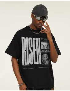 Close-up of a heavyweight black cotton streetwear t-shirt with Risen Jesus graphic print
